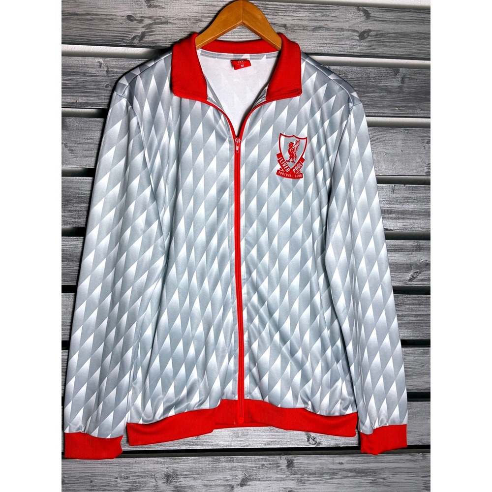 Liverpool FC LFC Track Jacket Mens M Grey White Geometric Red Trim Full Zip MINT